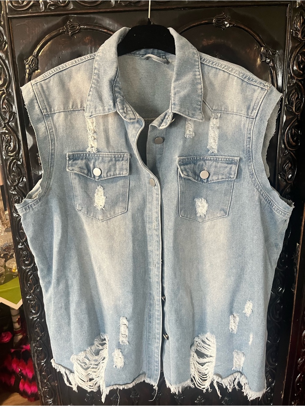 Light Wash Distressed Sleeveless Denim Vest